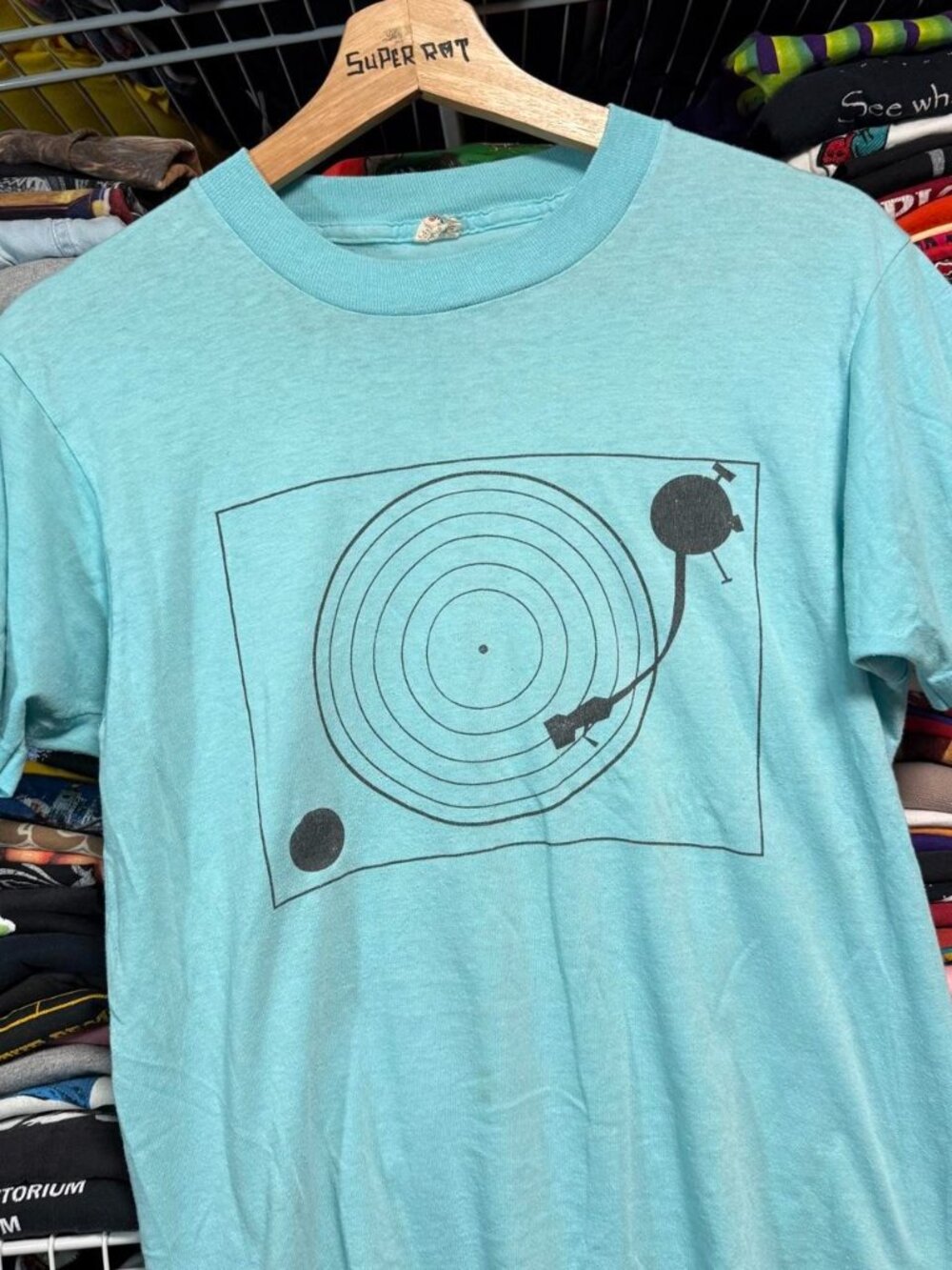 80s true vintage Screen Stars Record Player graphic T shirt blue